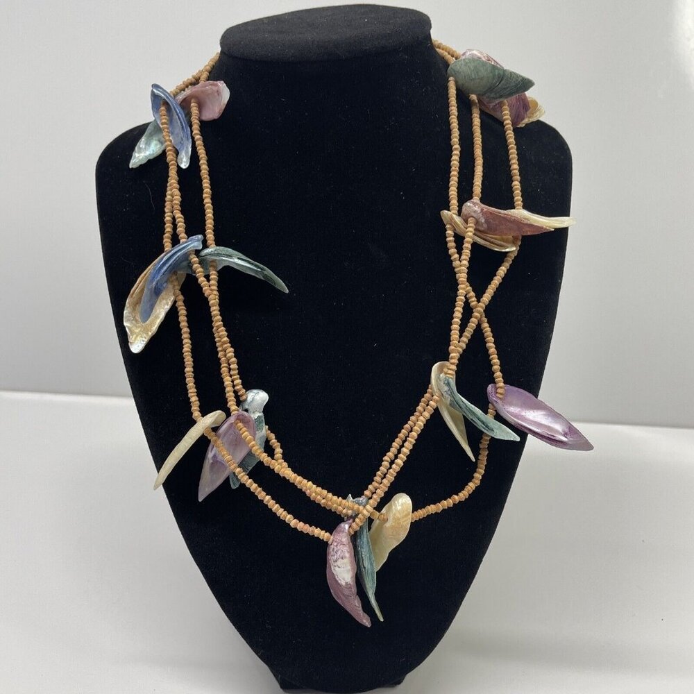 multi strand shell necklace tiny natural tone seed beads blue purple Unique SL26